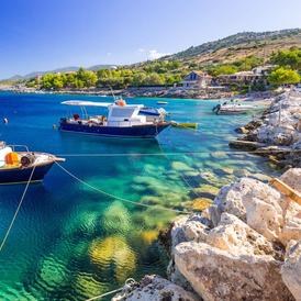 Floating fishing boats at a beautiful coast of Zakynthos (Zante) island